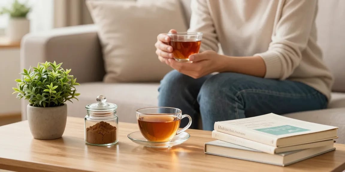 Explore the benefits of Red Thai Kratom powder at behappygoleafy.com/red-thai-kratom with a calming home scene showcasing relaxation.