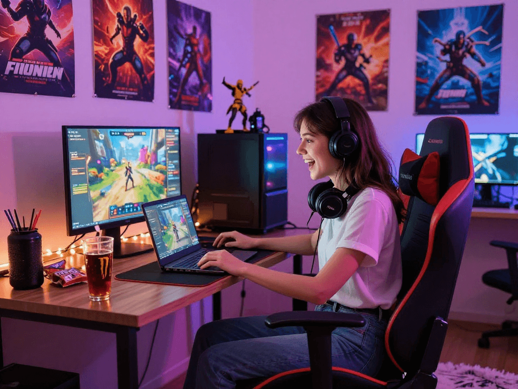 Engaged young woman playing an adult game on her laptop in a colorful gaming setup.
