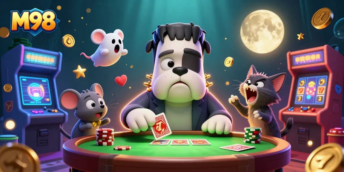 M98 players engaging with a colorful gaming scene featuring a Frankenstein bulldog and fun casino elements.