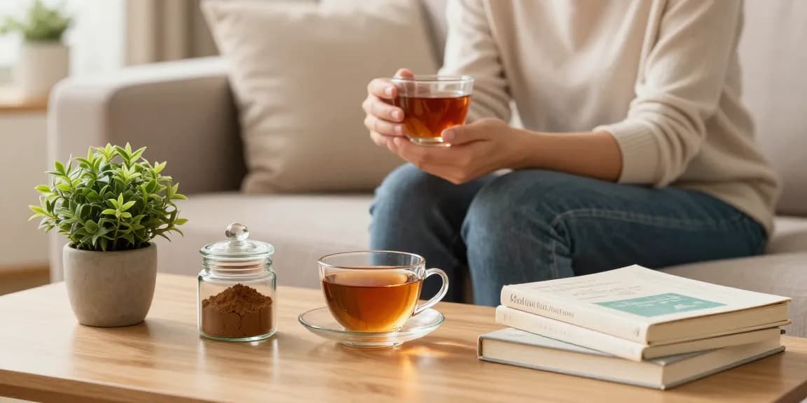 Explore the benefits of Red Thai Kratom powder at behappygoleafy.com/red-thai-kratom with a calming home scene showcasing relaxation.