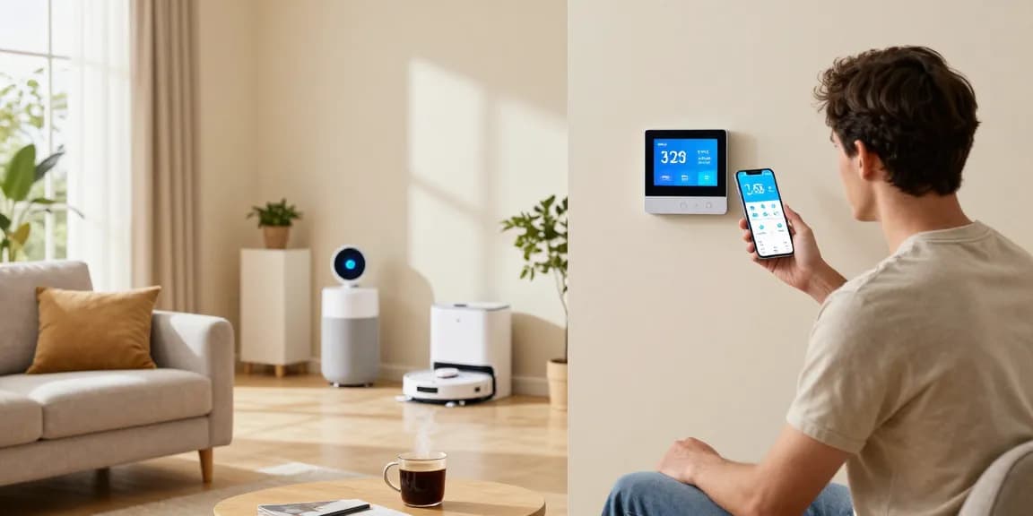 Couple adjusting a smart thermostat in a modern living room showcasing connected smart home devices.