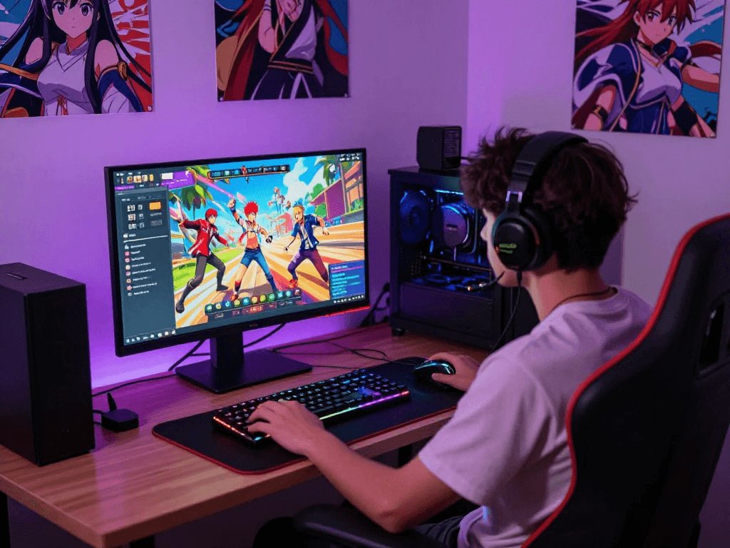 Engaging scene of a gamer playing a vibrant hentai game online, surrounded by gaming gear and anime posters.