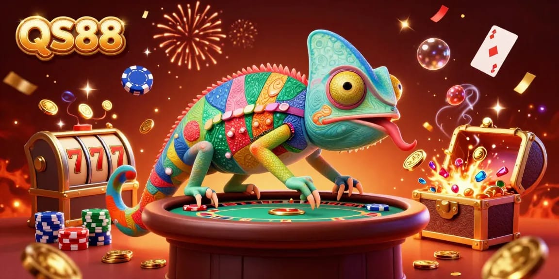 Play and win big at QS88 with a vibrant illustration of a casino scene highlighting colorful slots and exciting elements.