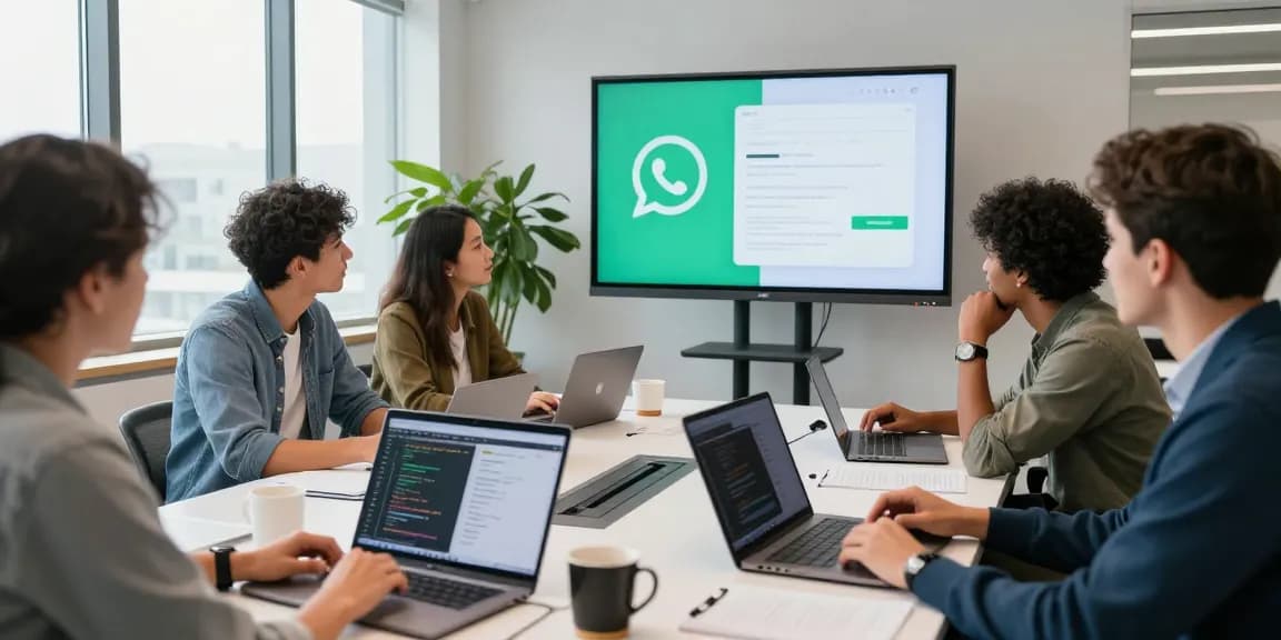 Team of professionals collaborating on WhatsApp下載 application development in modern workspace