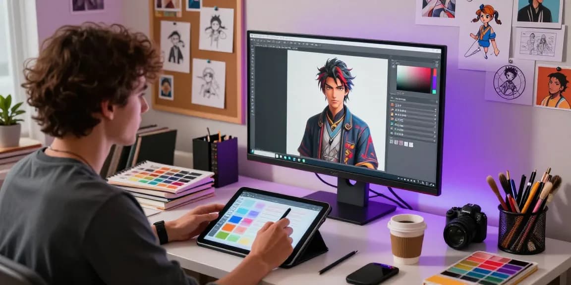 Artist creating unique NSFW AI characters in a colorful digital studio with monitors and art supplies.