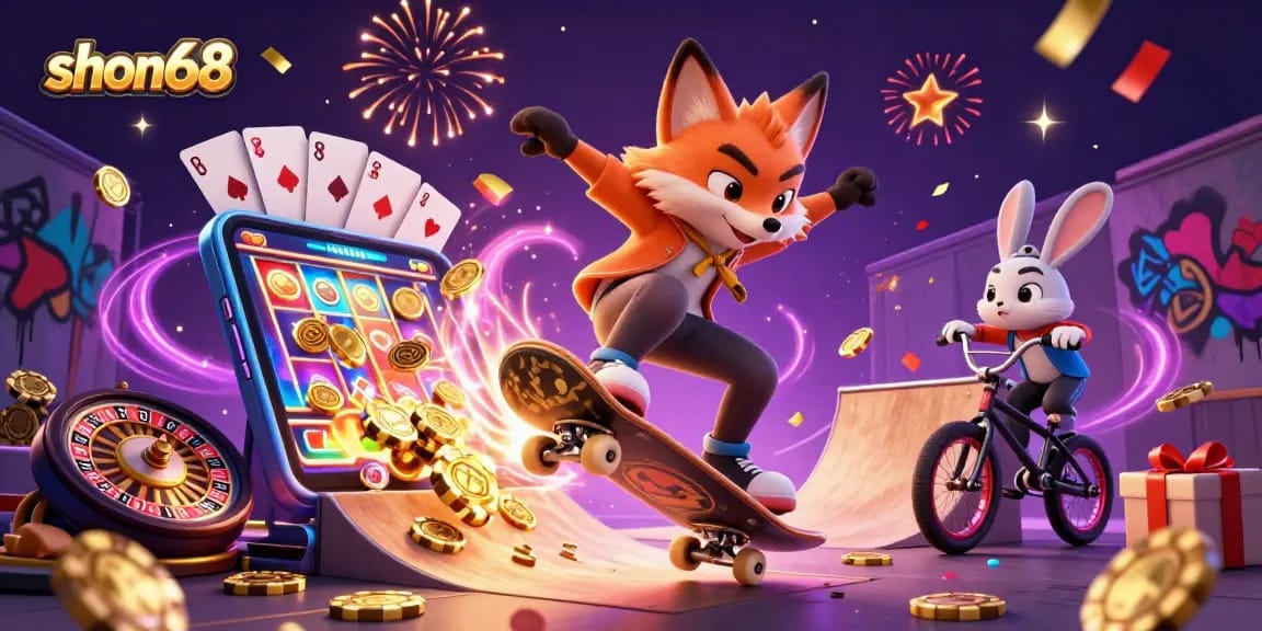 Experience the excitement at shon68 with vivid 3D illustrations showcasing dynamic gaming action and vibrant casino elements.
