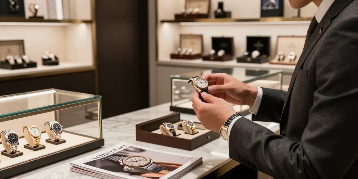 Luxurious scene of a person exploring super clone watches in a boutique, highlighting elegant timepieces.