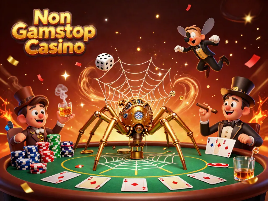 Experience the thrill of a Non Gamstop Casino with a vibrant steampunk spider scene catching dice and more.
