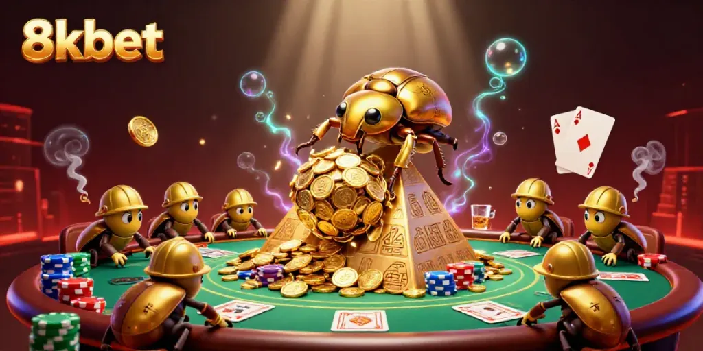 Engage in thrilling gameplay with 8xbet, illustrated alongside iconic casino elements and animated golden beetles.
