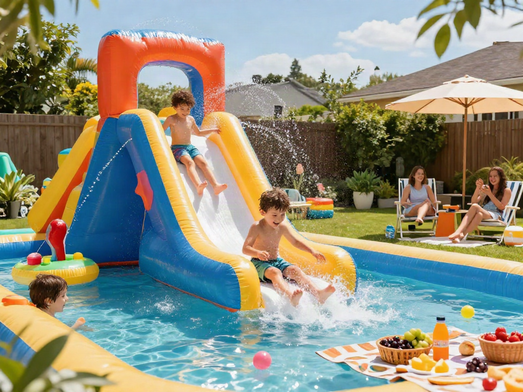 Kids enjoying a fun slip and slide experience under the sun, surrounded by festive summer decor.