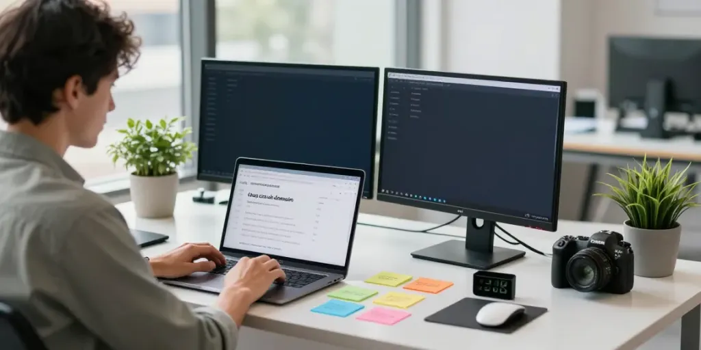 Searching for a cheap .co.uk domain in a professional workspace.