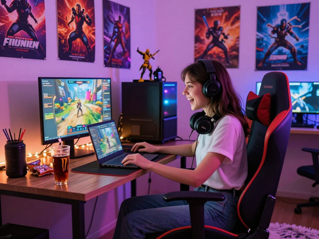 Engaged young woman playing an adult game on her laptop in a colorful gaming setup.