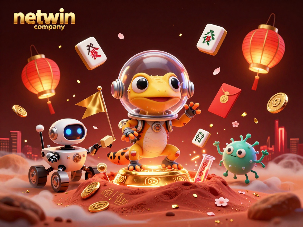 Engage with netwin company, as the Martian gecko uncovers a hidden golden casino in this vibrant, colorful scene.