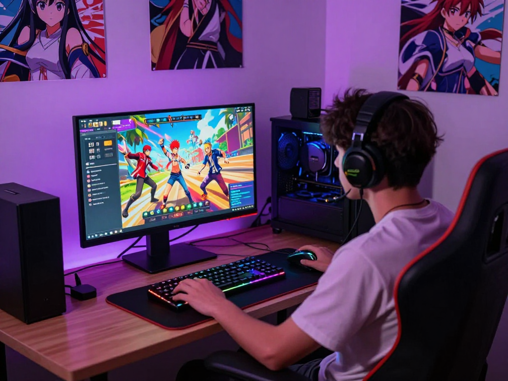 Engaging scene of a gamer playing a vibrant hentai game online, surrounded by gaming gear and anime posters.
