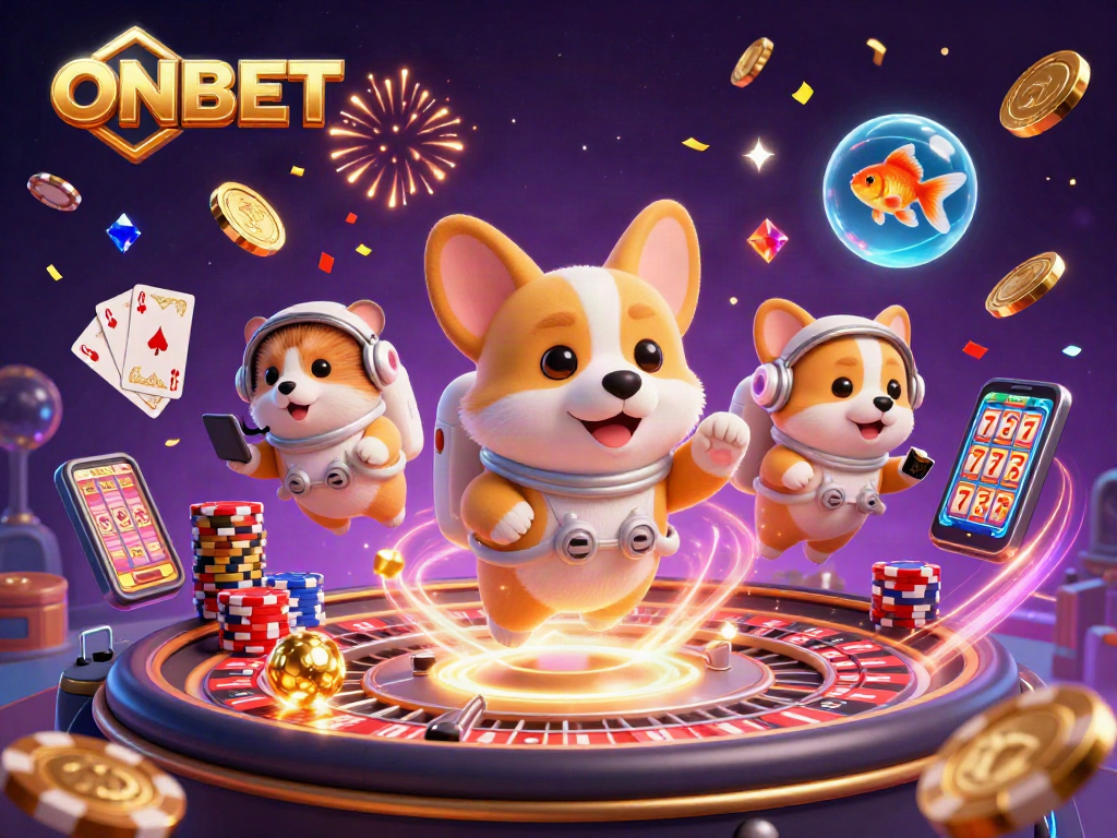 ONBET presents a dynamic space-themed casino scene with vibrant characters and rich gambling elements.