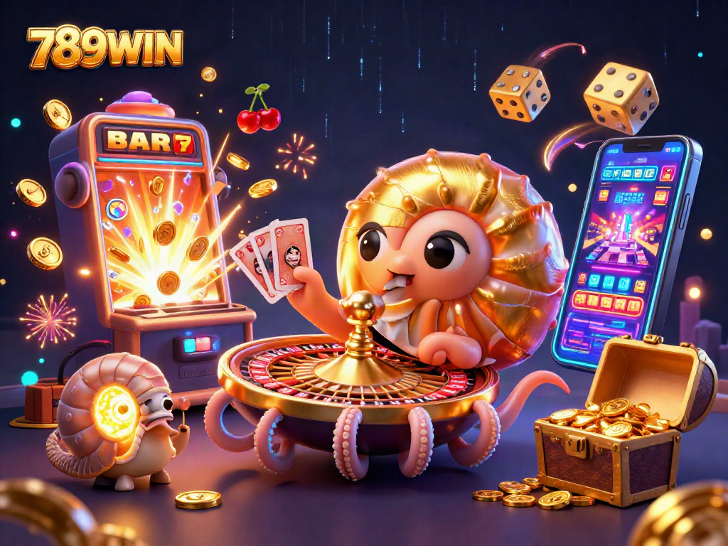 Experience high-stakes excitement with 789WIN featuring a dynamic 3D casino scene of a giant nautilus and jackpot!