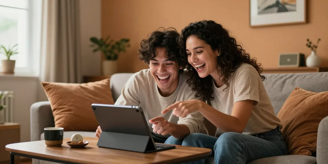 Couple enjoying an ai sex chat on a tablet in a cozy setting.