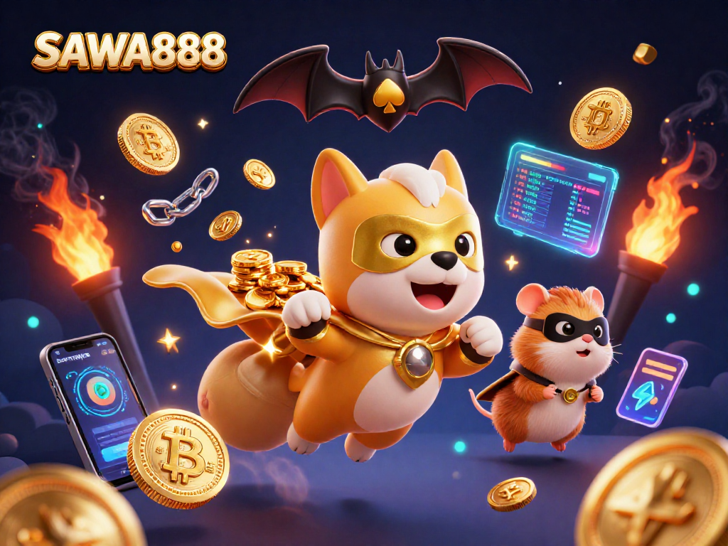 SAWA888 slots showcase featuring a superhero dog with a bag of gold coins, ads vibrant gambling elements.