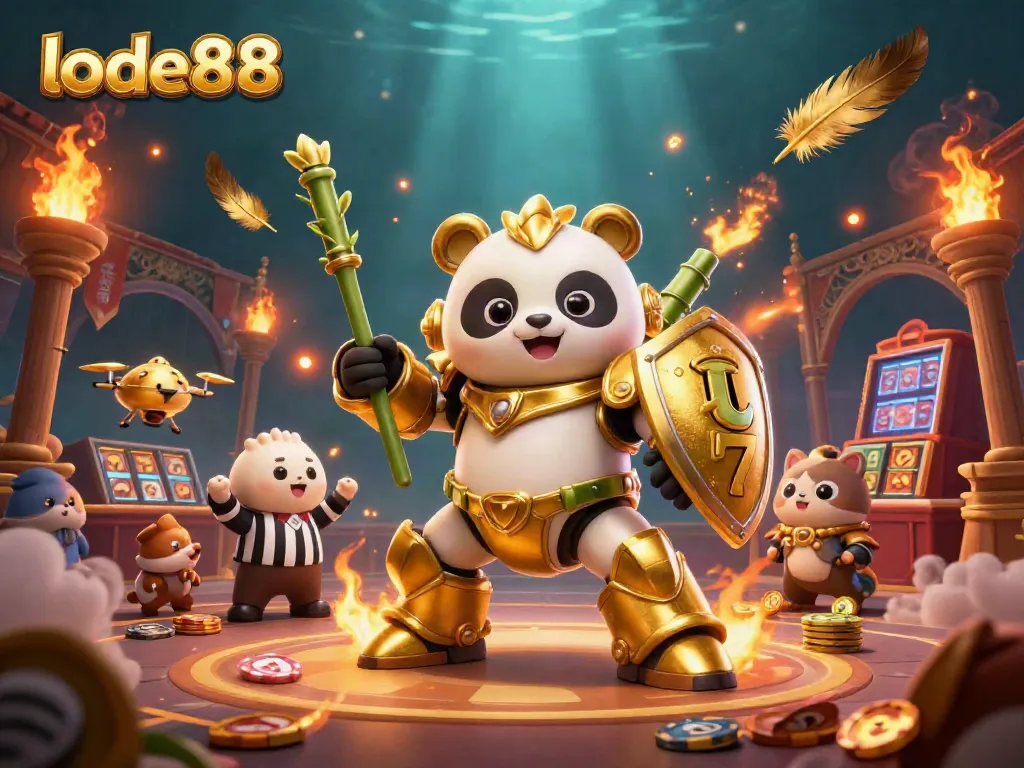 Experience the excitement of lode88 in a dynamic, vibrant casino setting with a golden panda pilot.