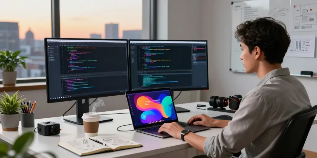 Developer leveraging instant indexing tools in a modern tech workspace
