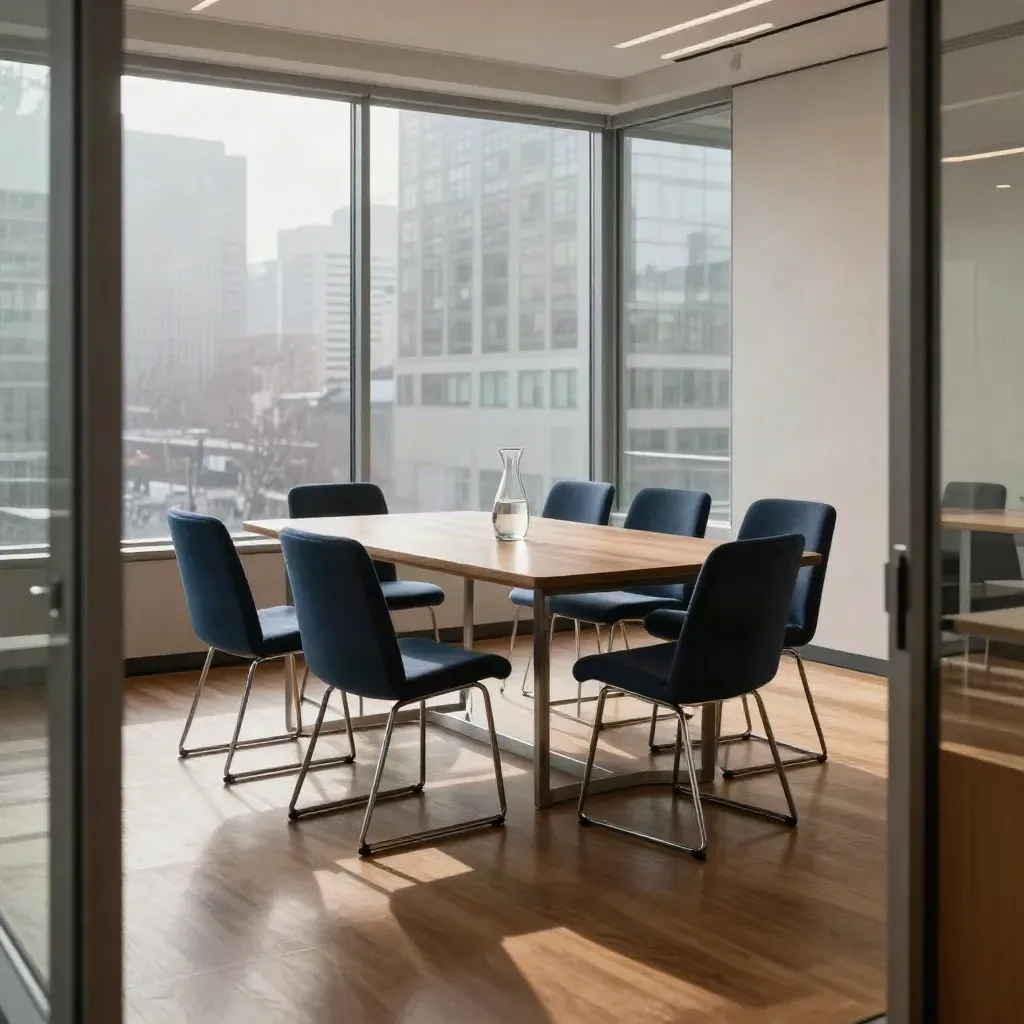 Empty glass office investor room with navy chairs, walnut table, blinds, and city reflections.