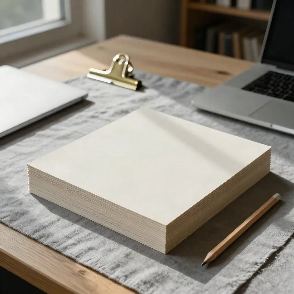 Top-down London studio review stack with laptop, brass clip and pencil on ash-grey linen.