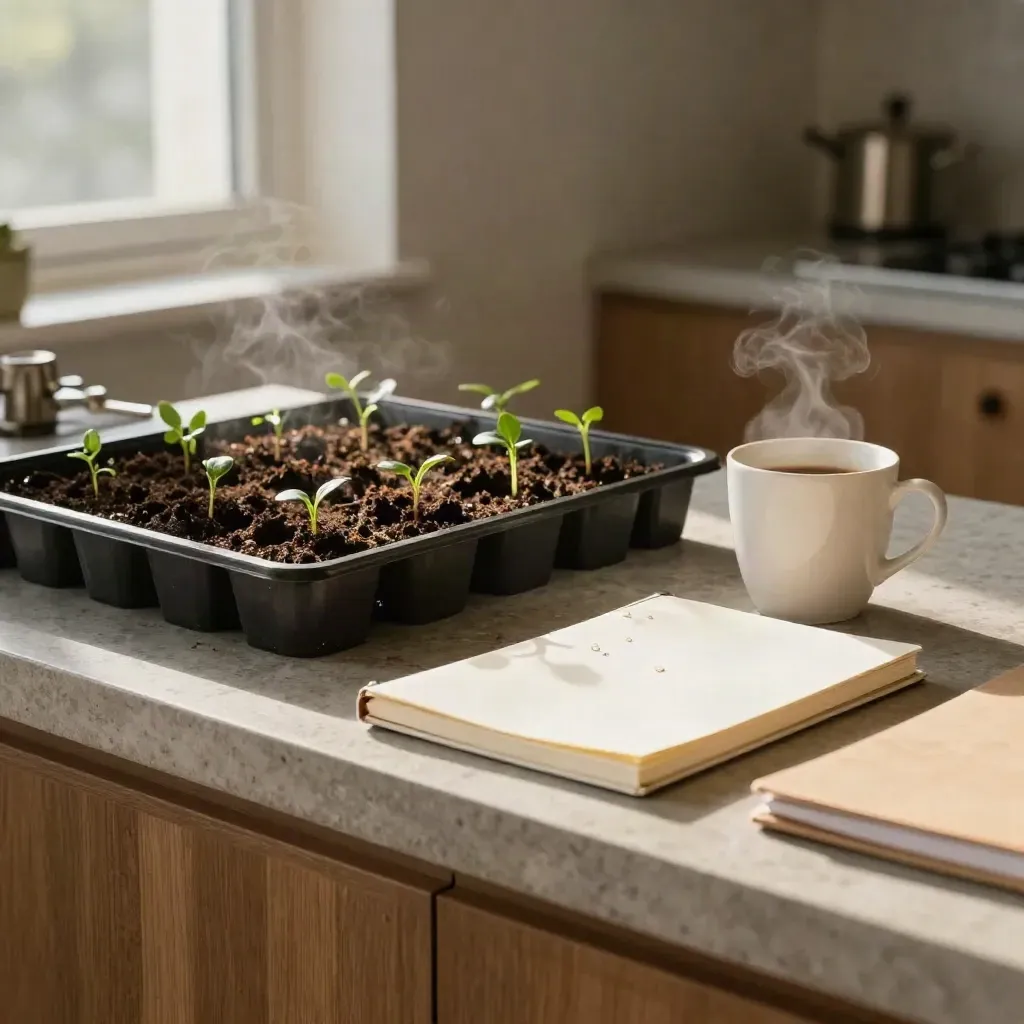 Seed tray, coffee cup, notebook and folders on a stone counter in morning light.