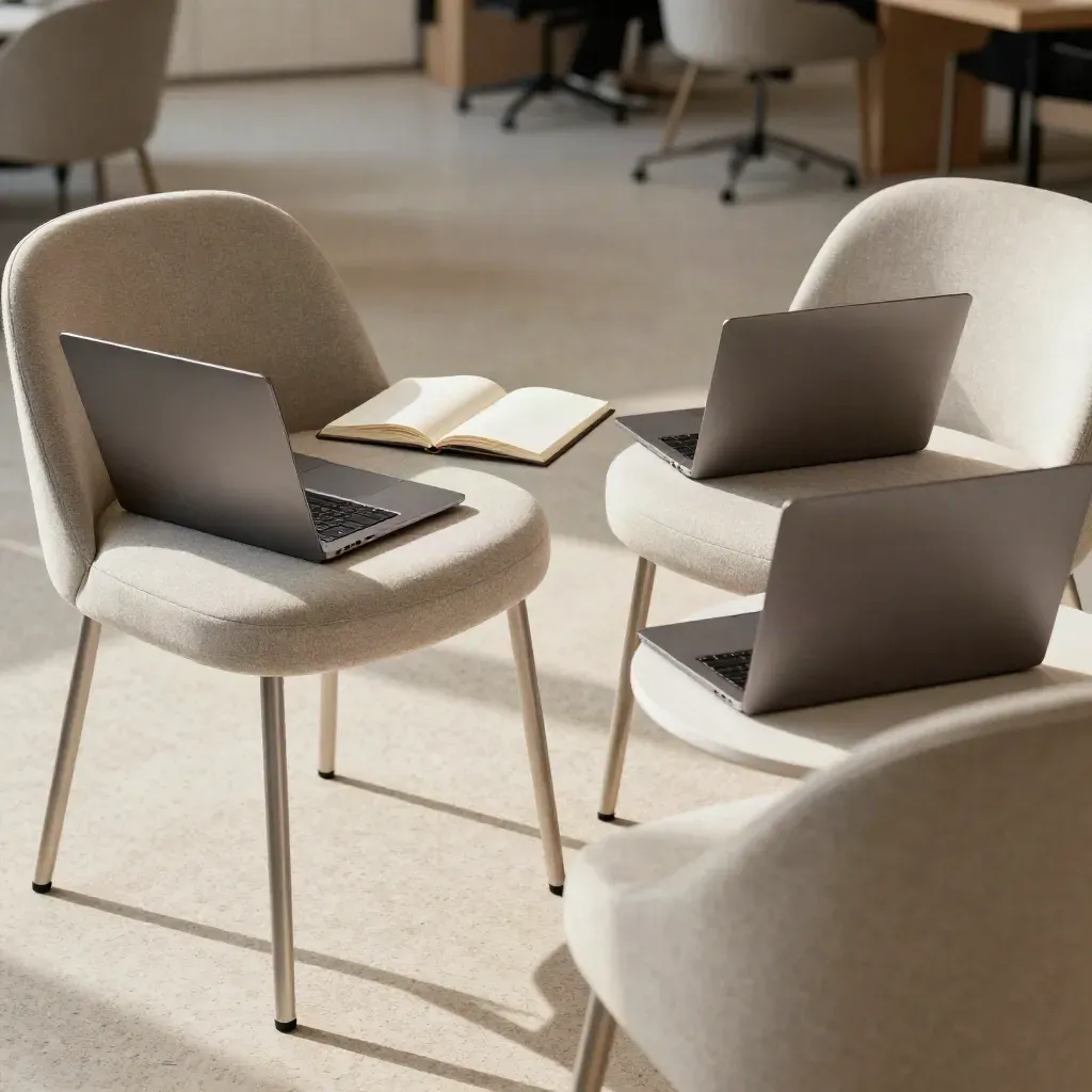 Quiet mentoring booth with two closed laptops, an open notebook, and angled chairs in a coworking space.