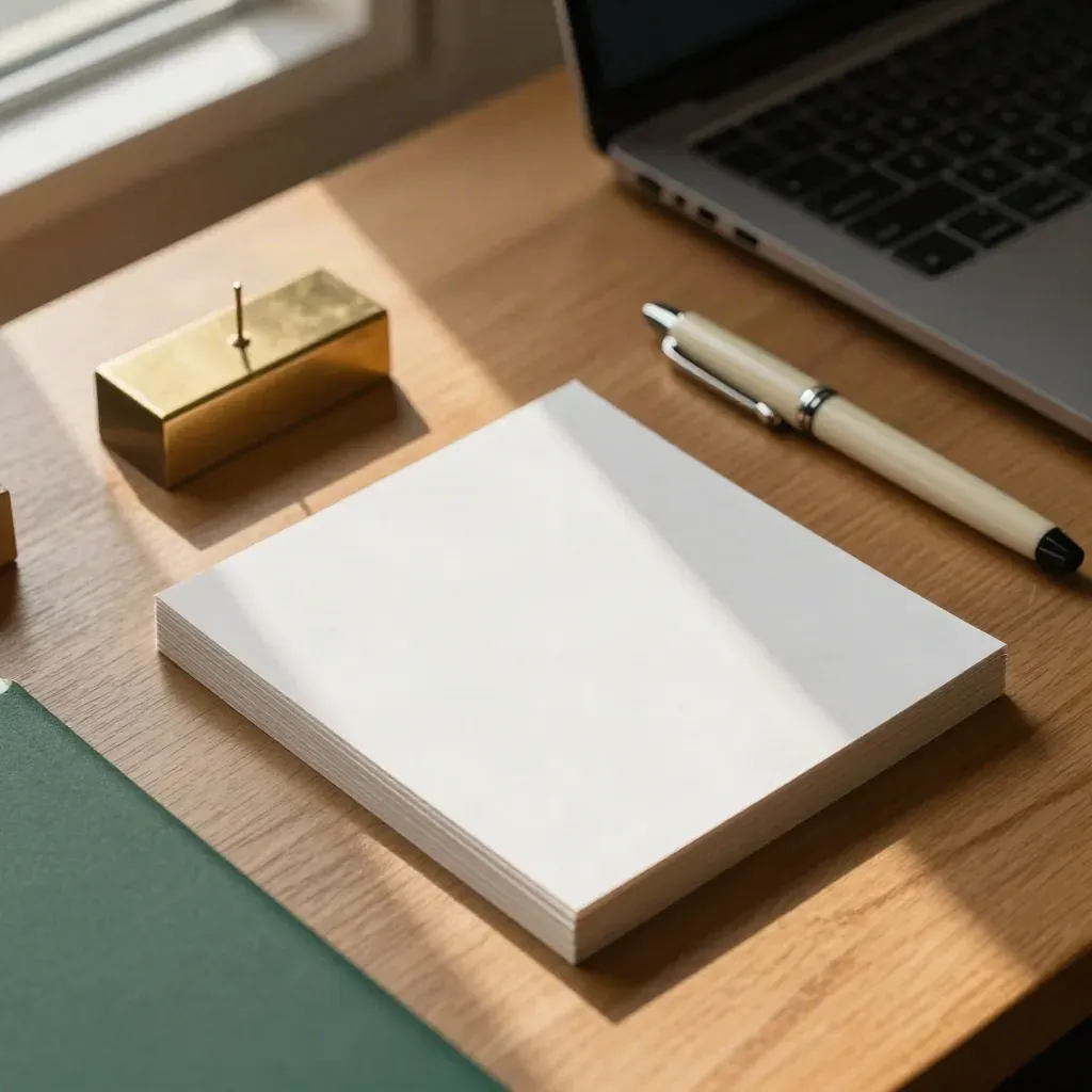 Blank deck cards, brass weight, pen and closed laptop on an oak desk by window light.
