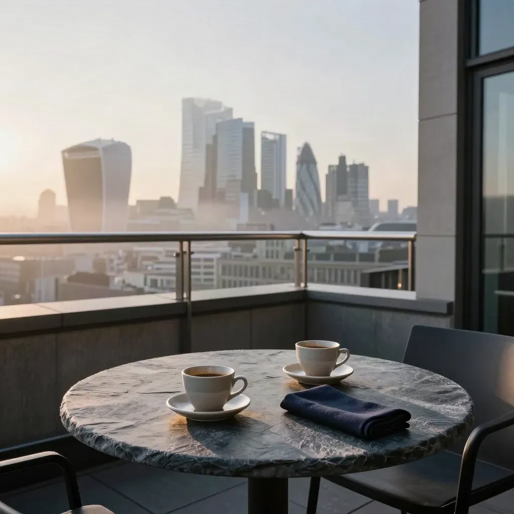Sunrise rooftop above the City with slate table, two espresso cups, and misty skyline.