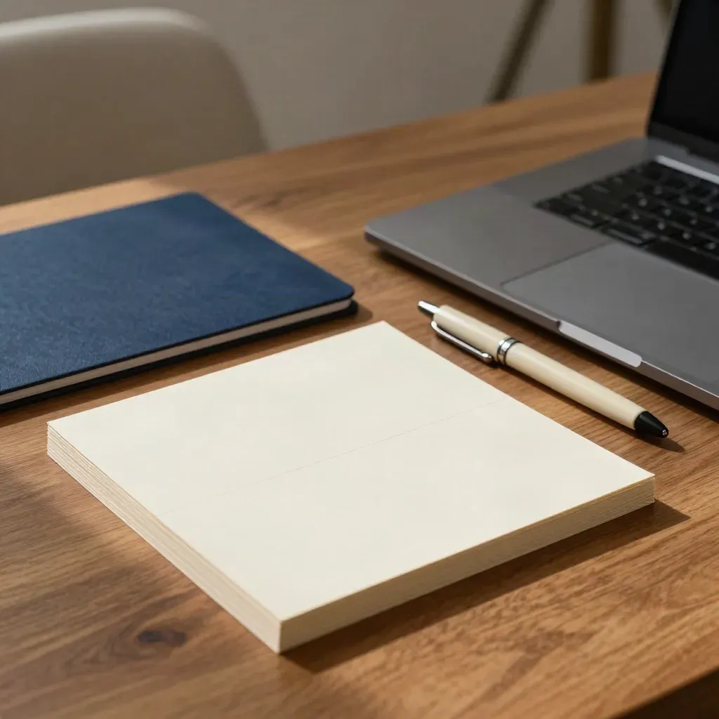 Overhead pitch deck clinic table with blank cards, pale pen and closed laptop in warm daylight.