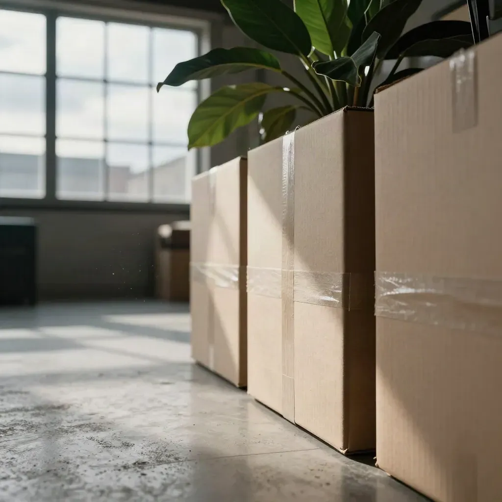 Macro of stacked sample boxes, concrete floor and a dark green plant in a converted mill office