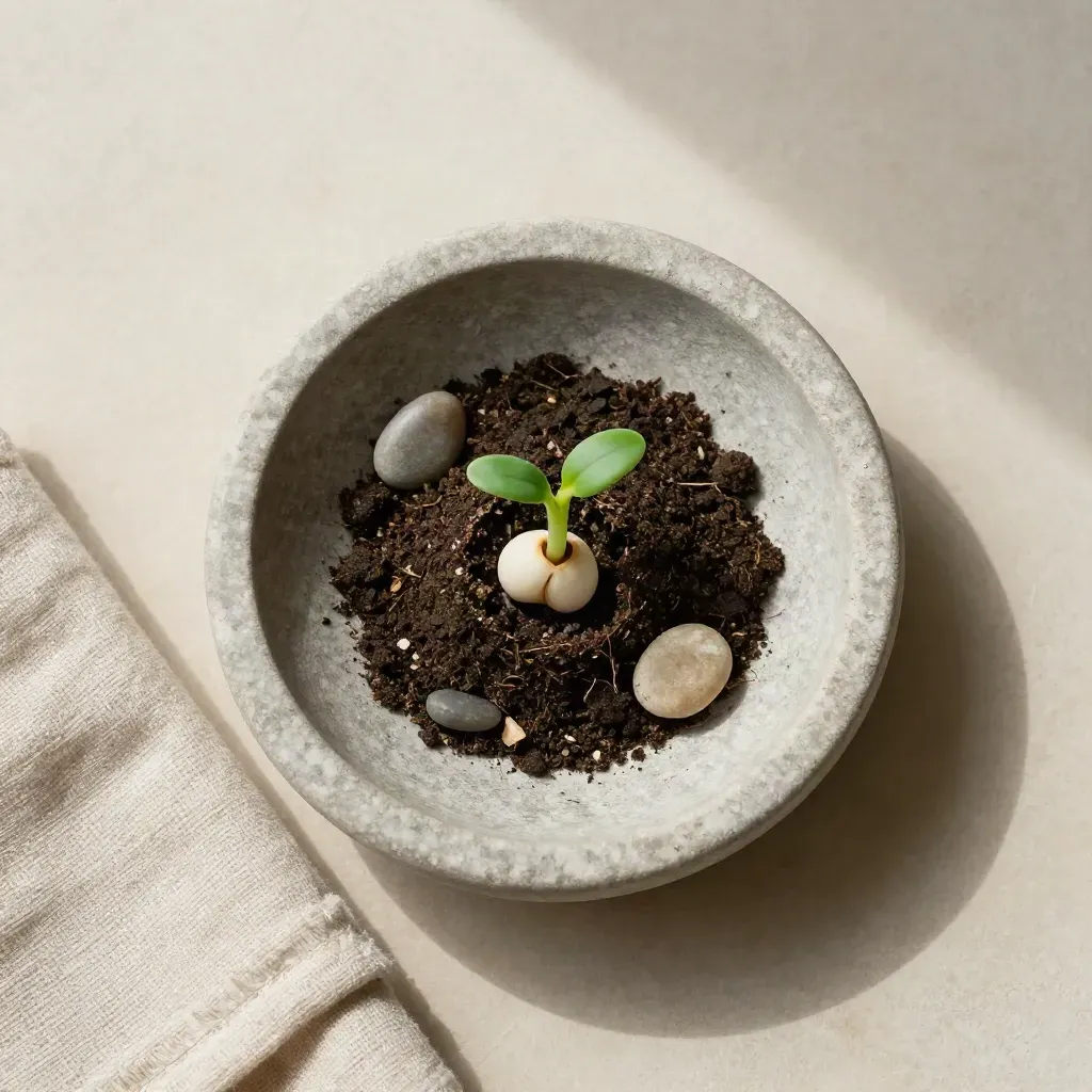 Top-down seedling in stone dish with pebbles and linen on cream plaster.