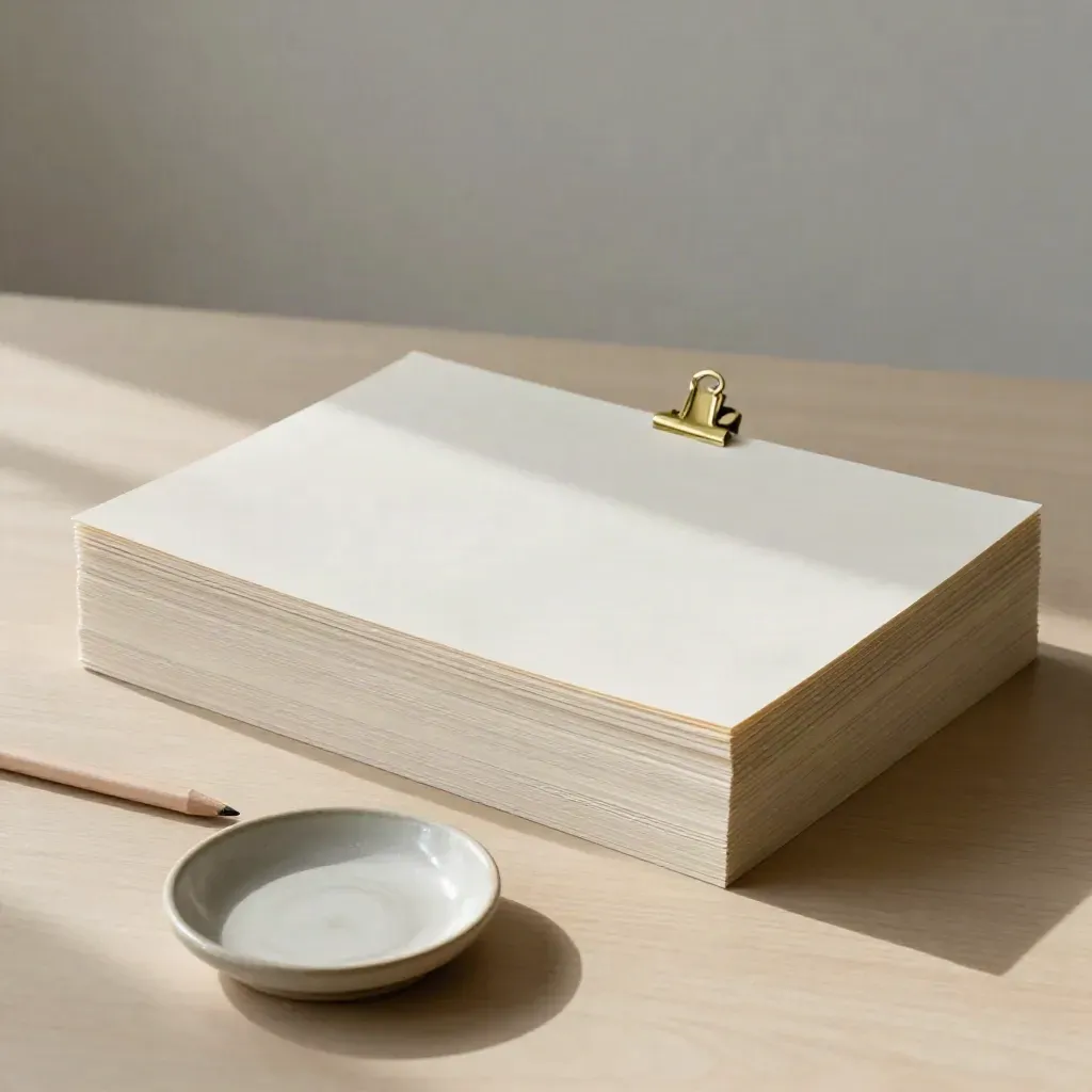 Blank investor deck boards with brass clip, pencil and ceramic dish on pale wood