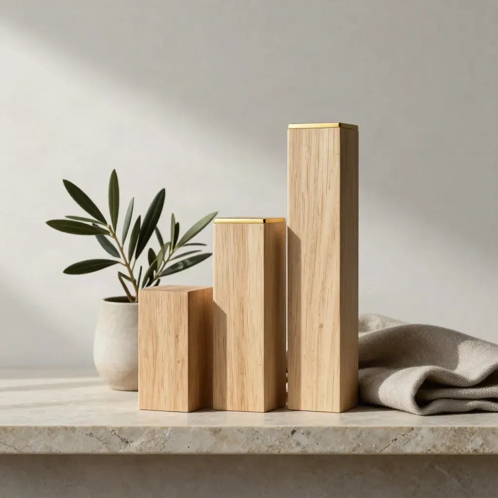 Stepped wooden blocks, olive plant, and wool cloth on a limestone shelf