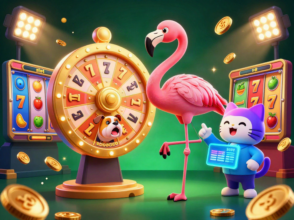 Spin the slot with excitement in this vibrant 3D digital illustration featuring a game show host and bulldog.