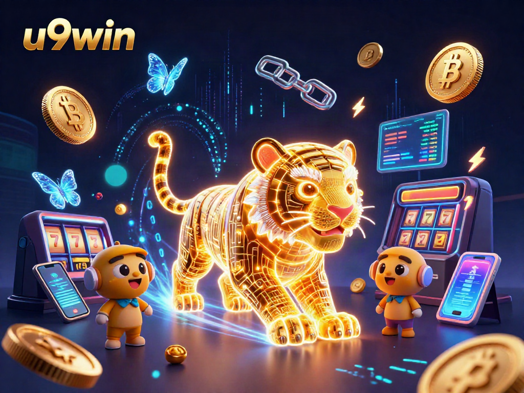 Experience thrills with u9win’s neon-wireframe golden tiger and slot symbols in this vibrant digital casino scene.
