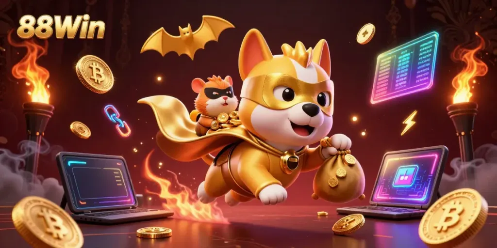 Experience the excitement of 88Win in a vibrant, dynamic casino world, featuring a superhero dog and hamster.