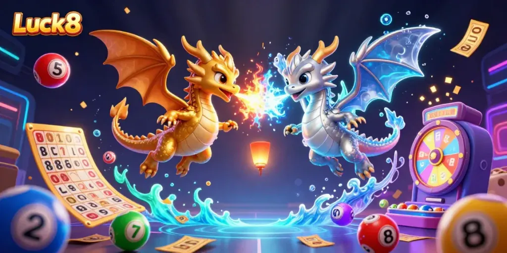 Luck8 revels in an animated scene with playful dragons, vibrant game elements, and an enchanting casino atmosphere.