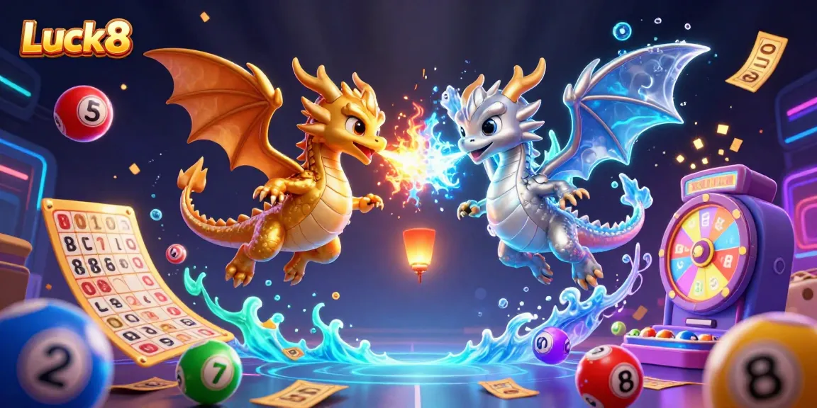 Luck8 revels in an animated scene with playful dragons, vibrant game elements, and an enchanting casino atmosphere.