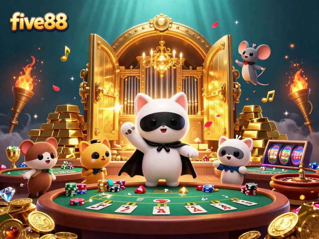 Experience the thrill of five88 with a phantom cat, mouse acrobat, and dynamic casino elements.