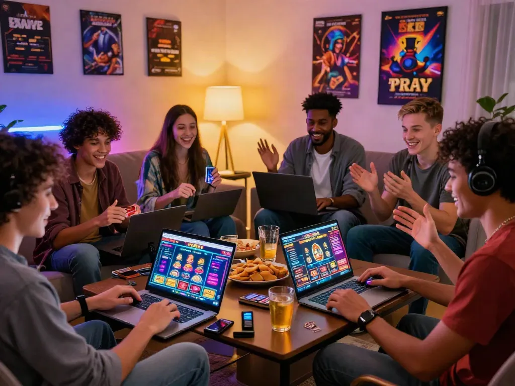 Friends enjoying a gaming night with laptops in an inviting online casino setting, highlighting credit card casinos excitement.