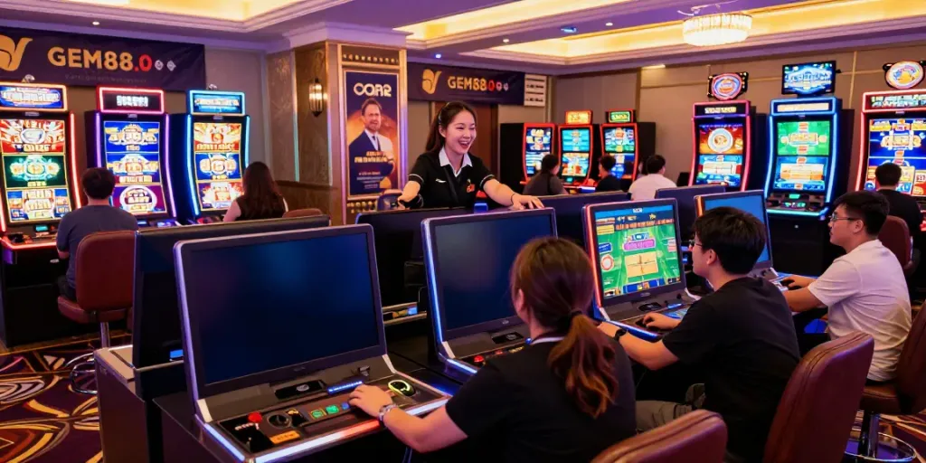 Dynamic gaming experience at GEM88 with players and colorful screens.