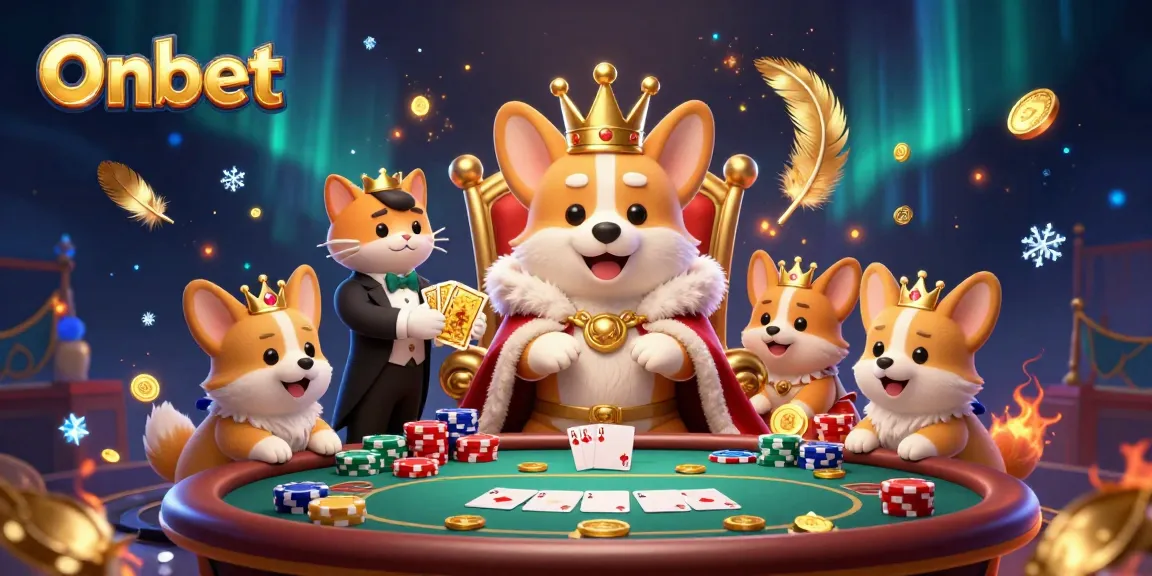 Onbet engages players in a vibrant casino scene with a royal corgi and poker elements.
