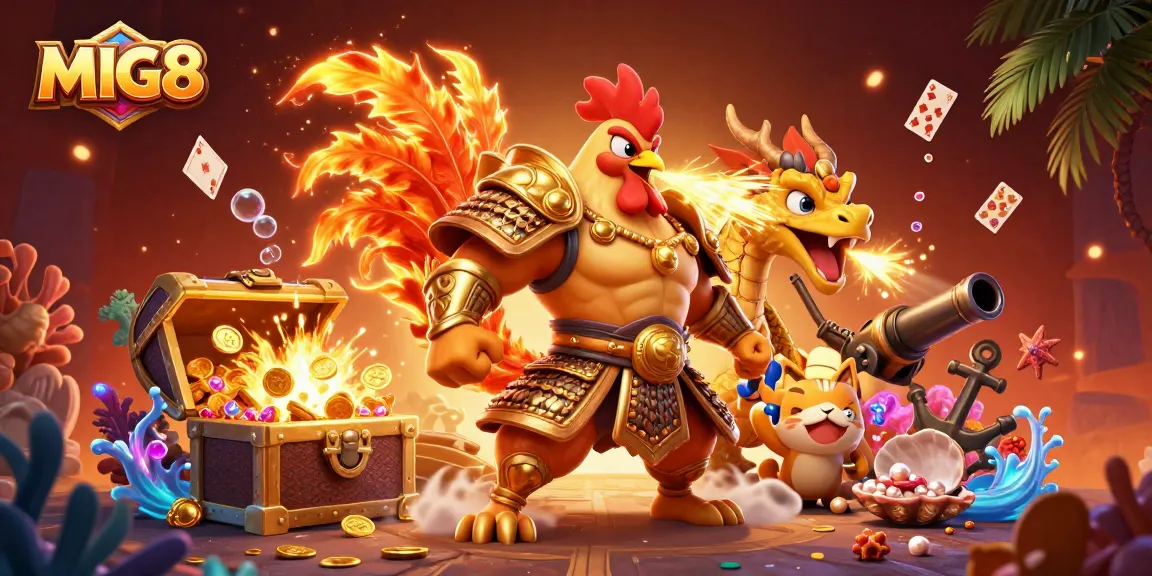 MIG8 brings thrilling action with a powerful warrior rooster and dragon in a dynamic 3D casino scene.
