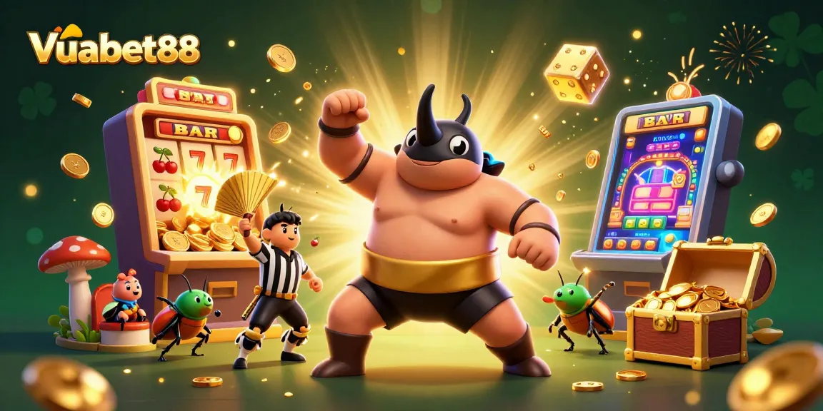 Experience excitement at Vuabet88 with a dynamic 3D illustration of a sumo beetle champion amidst flying coins and jackpot elements.