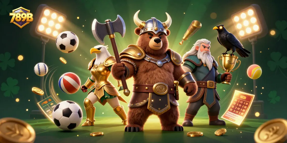 Engage with 789B in a vibrant gaming scene with Viking, eagle, and sports elements representing thrilling betting experiences.