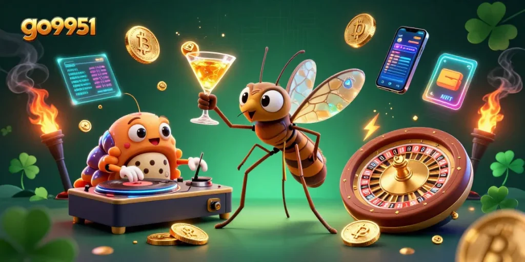 Engage with go9951's fun casino experience featuring animated characters and crypto elements.