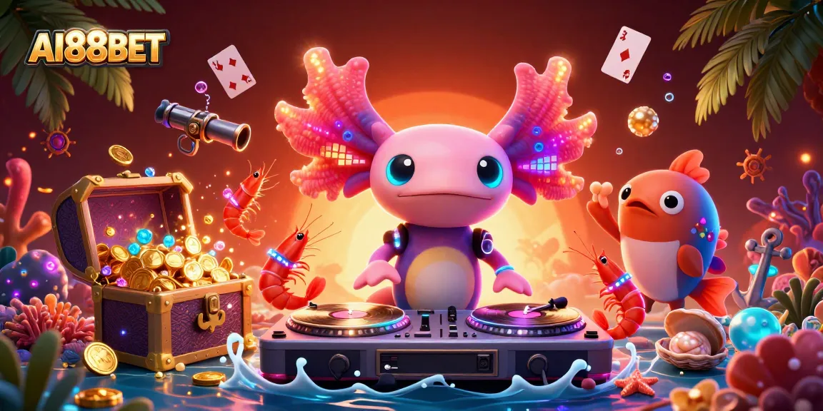 Experience the vibrant world of AI88BET with a neon axolotl DJ and energetic action.