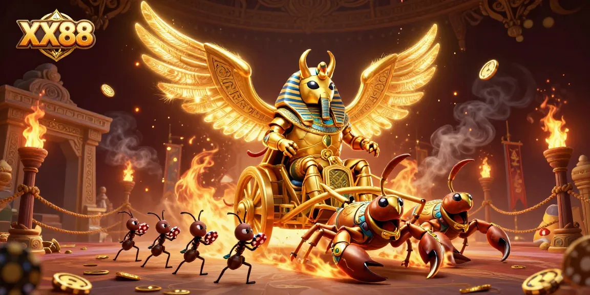 Engage with the lavish world of XX88 through a dynamic 3D illustration showcasing a colossal scarab beetle in a vibrant casino setting.